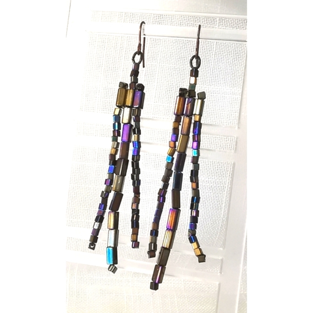 Czech Blue Black Bugle Bead Dangle Earrings 10$